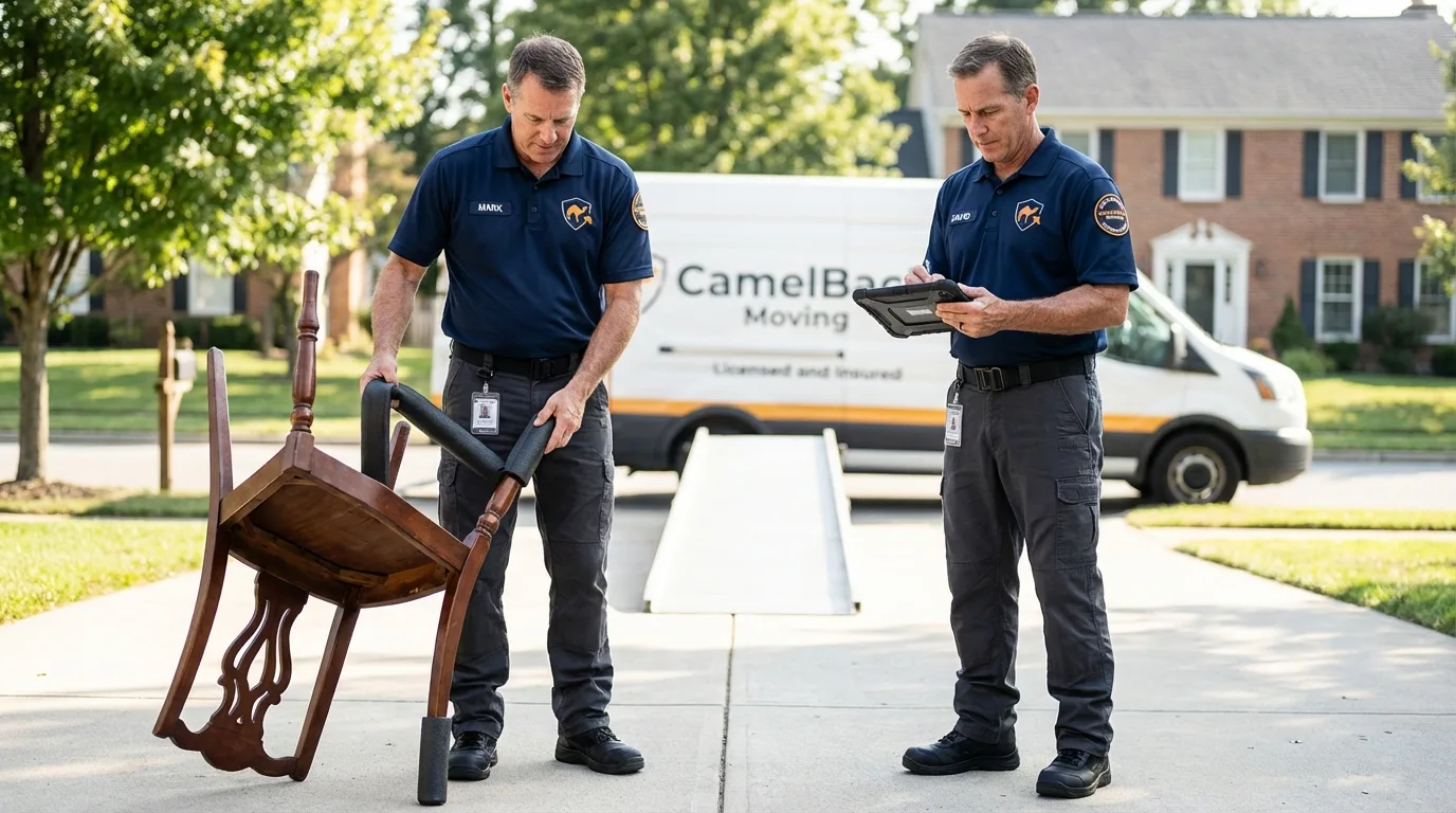 Movers inspecting furniture for damage prevention before loading in Caledonia, MI
