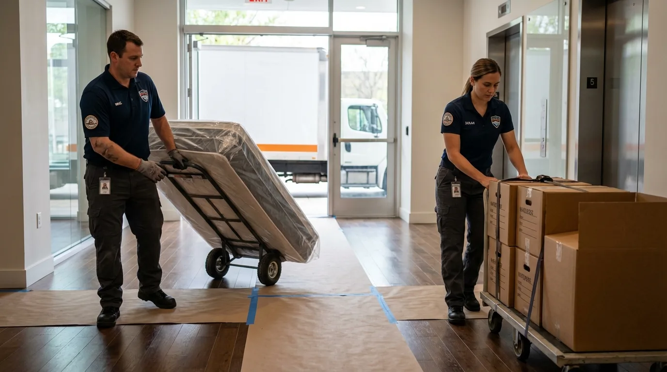 Professional apartment movers loading elevator in Caledonia, MI