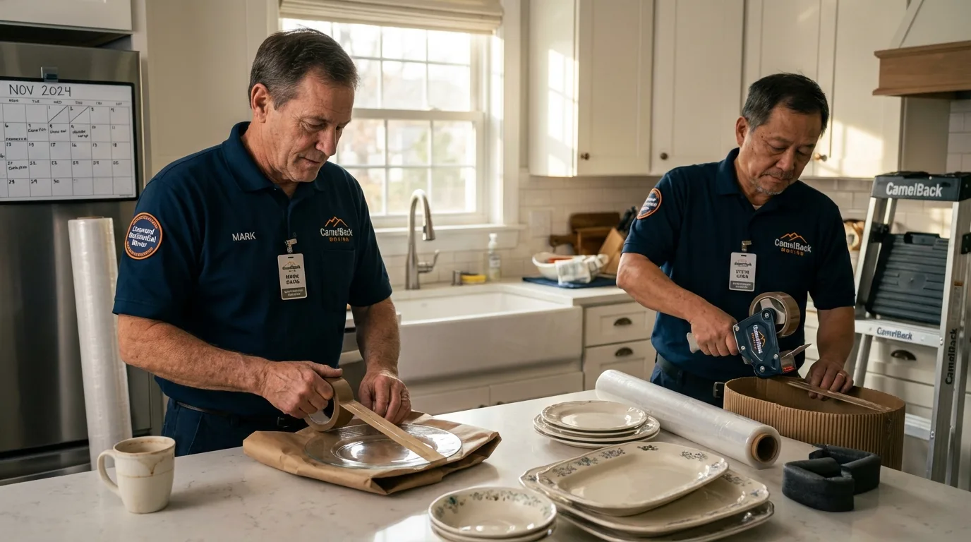 Professional crew packing kitchen dishware in Caledonia, MI